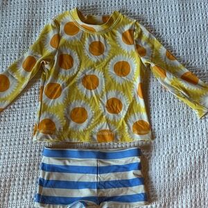 Hanna Andersson Yellow Rash Guard Top with Blue Stripe Swim Bottoms